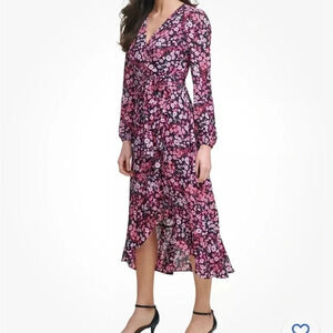 KENSIE pink chiffon,faux wrap,floral, puffy sleeve dress,sz 2, surplice,fairy